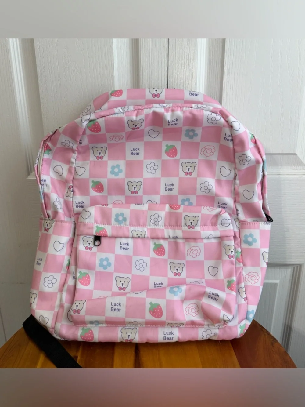 Luck Bear pink white check plaid backpack